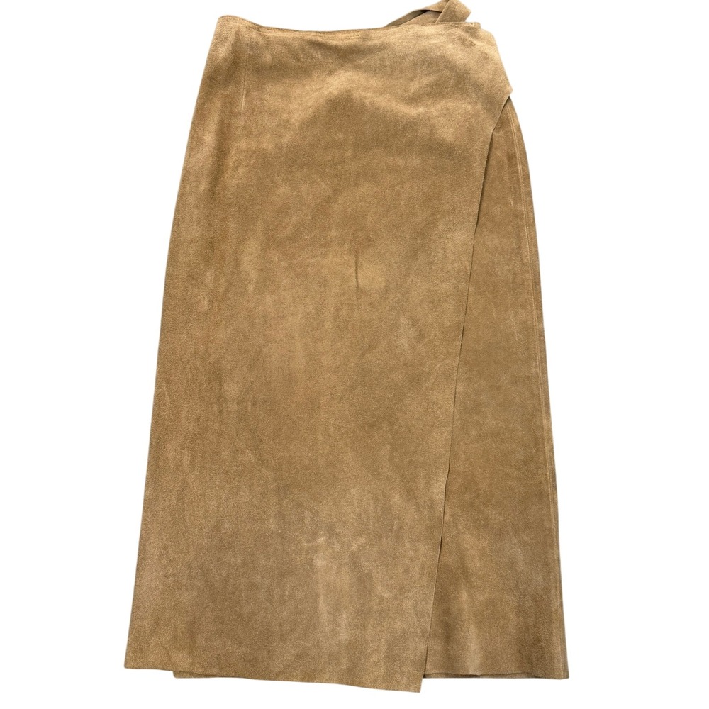 RALPH LAUREN Tan Suede Leather Wrap Midi Skirt Size 12